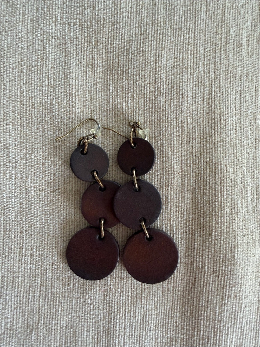 Layered Brown Leather Disc Drop Earrings